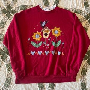 VTG Blair Red Birdhouse Sunflower Double Collar Sweatshirt Size Medium